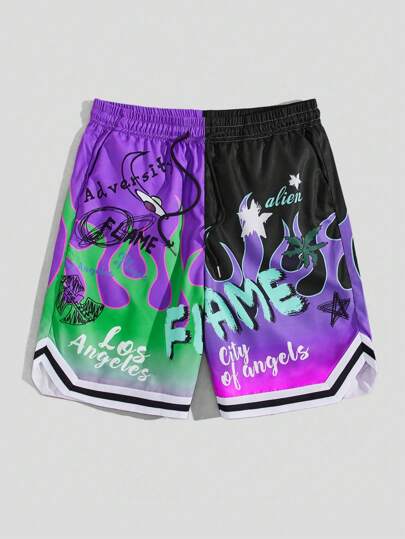 Street Life Women's Casual Summer Street Gradient Flame & Letter Print Drawstring Waist Basketball Shorts With Side Pockets & Striped Rib Trim