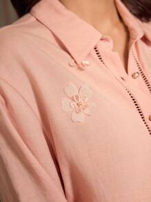 ZEYLAH Linen Shirt With 3D Floral Decoration, Fashionable For Summer - Pink - View 2