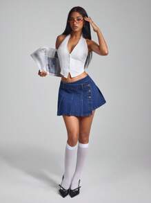 SHEIN ICON Women's Single Button Side Pleated Casual Denim Mini Skirt - Dark Wash - View 5