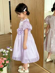 Vestido de organza con mangas abullonadas elegantes para niñas jóvenes - Morado - Ver 3