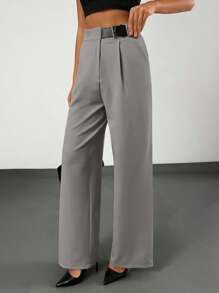 EURMUSE Elegant Style, Straight Leg, Half Leather Belt Detailed Pant - Grey - View 4