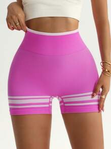 SHEIN Sport Studio Damen Sport Shorts, rosa gestreifte Zugbandshorts mit Raffung, nahtlos gestrickt, Yoga, Outdoor, Athletik Shorts, Trainingsshorts