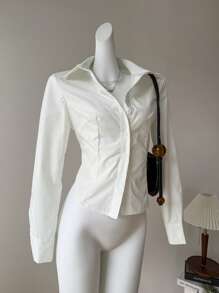 Comfortcana 束腰基本休閒長袖襯衫 - 白色 - 查看 4