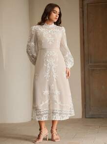 Anewsta Mesh Lace Embroidery Elegant Long Sleeve Waist-Cinched Midi Dress For Women