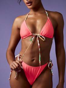 MISSGUIDED Ruched Triangle Bikini Set Summer Beach Swimsuit With Floral Print Ties High Cut Brazilian Bottom Vacation Resort Wear Pool Party Beachwear - Red - View 4