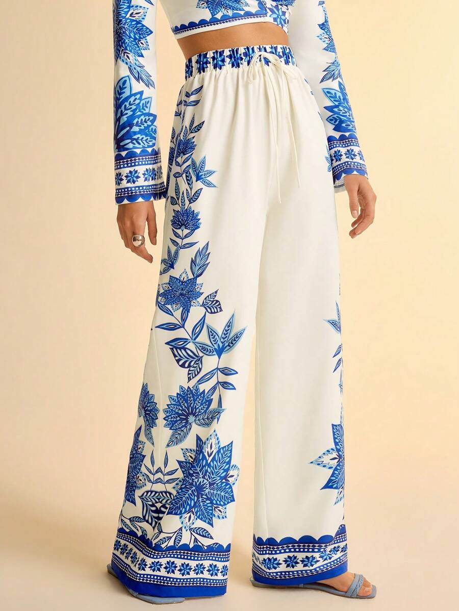 CAJUNI Women's Casual Retro Printed Blue And Beige Loose Wide-Leg Pants For Vacation - Multicolor - View 1