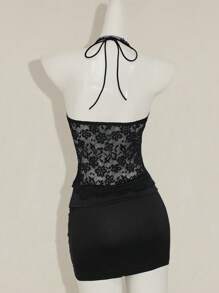 SHEIN ICON Conjunto de top sin espalda con encaje a contraste y decoración de rhinestones, y mini falda ajustado en estilo Y2K - Negro - Ver 2