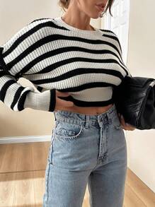 EURMUSE Women Casual Side Stribe Sweater For Winter Crop Sweater Striped Top Knit Top,Jumper,Cream Jumper,Jumpers,Black Jumper,Womens Jumper,White Jumper,Women's Jumper,Women's Jumpers - Black and White - View 6
