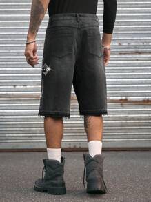 AXEPEAK 时尚哥特式直筒宽松男士牛仔短裤，街头风，Emo 风格