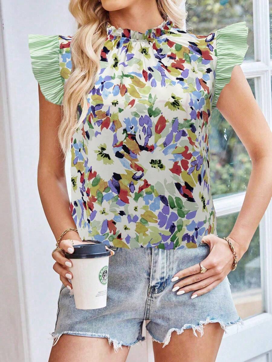 SHEIN Clasi 花朵和条纹印花荷叶边休闲立领衬衫