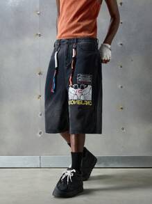 NEON BLANC 男士街头风格字母印花短牛仔短裤，街头风情 - 黑色 - 查看 2