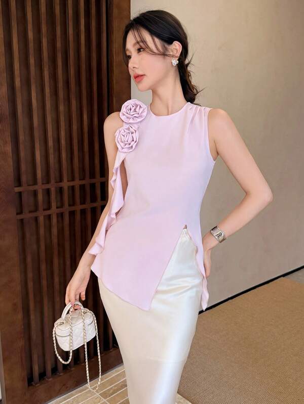 Celisse Women's Floral Print Tie Waist Slit Slim Fit Woven Fabric Everyday Fashionable Slimming Elegant Dress, Summer