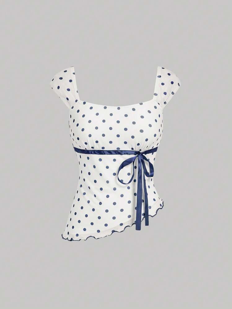 SHEIN MOD Asymmetric Bow Ruched Mesh Polka Dot Blouse Top