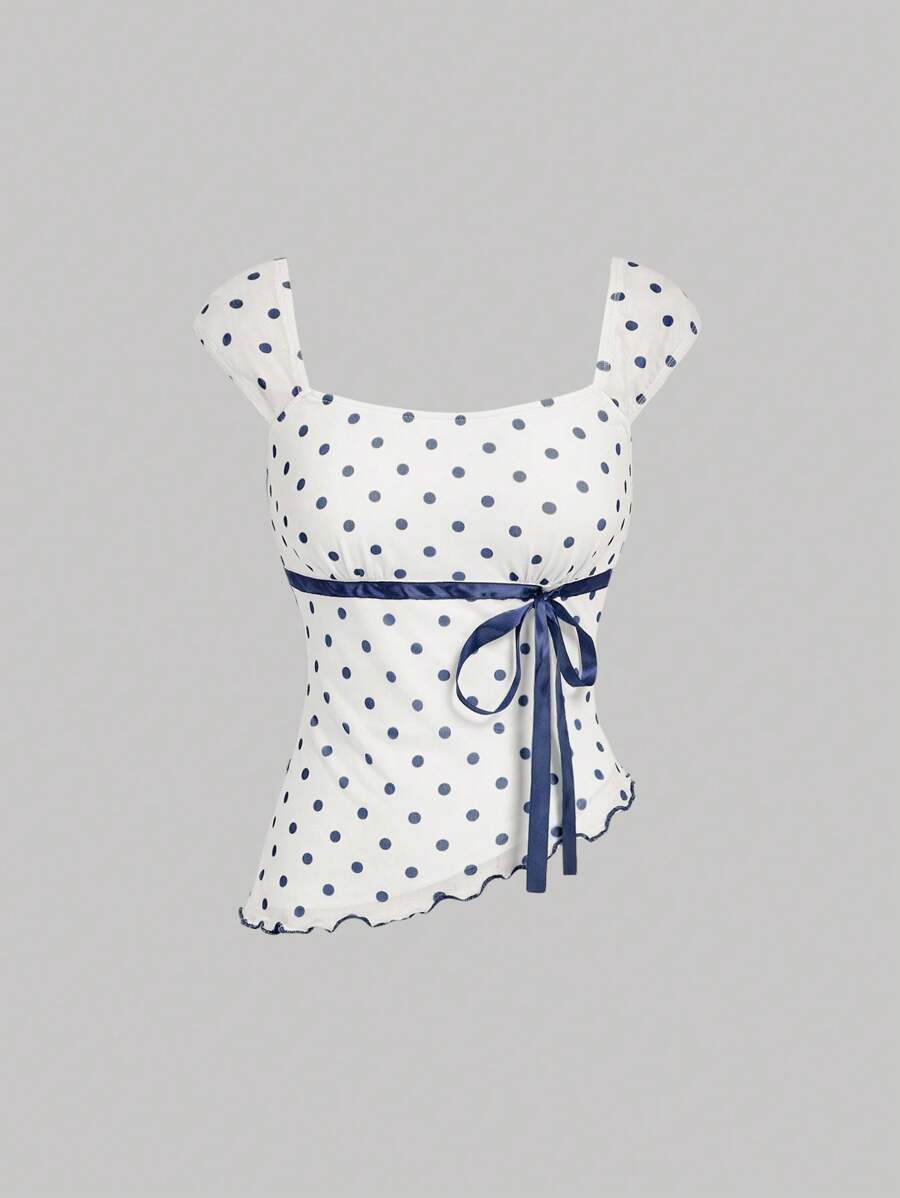 SHEIN MOD Asymmetric Bow Ruched Mesh Polka Dot Blouse Top - Navy Blue - View 1