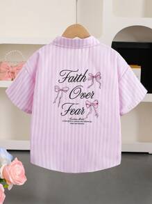 Blusa holgada de niña preadolescente para el verano, con estampado de rayas, parches, bolsillos, encaje y lazo decorativo