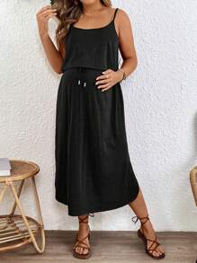 SHEIN Vestido camisero de mujer premamá de talla grande, de un solo color, con función de amamantamiento y cierre de lazo en la cintura - Negro - Ver 5