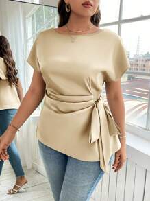 Reflora Plus Size Solid Color Ruched Drawstring Crew Neck Short Sleeve Blouse,Going Out Tops Women - Apricot - View 1