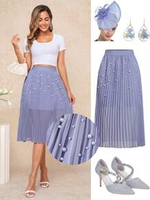 Ellevyn Falda de gasa azul de alta calidad, de corte delgado, con pliegues y cuentas, elegante y nueva, para el verano