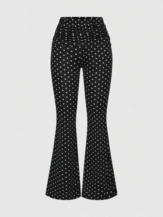 Kawaii Women's Polka Dot Print Fitted Flare Pants, Y2K Style Roll-Up Waist Fashion Flare Pants