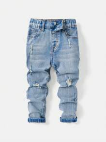 SHEIN 年轻男孩破洞口袋休闲百搭牛仔裤 - 中等水洗藍 - 查看 6