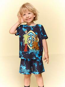 SCOOBY-DOO X SHEIN Outfit casual in stile sportivo per ragazzo giovane con maglietta a maniche corte con stampe di cartoni animati e tie-dye e pantaloncini