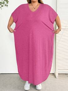 SHEIN CURVE+ Plus Size Women's Spring/Summer New Fashion Commuter Casual Pocket Design Split Robe, Summer Dresses - Hot Pink - View 9