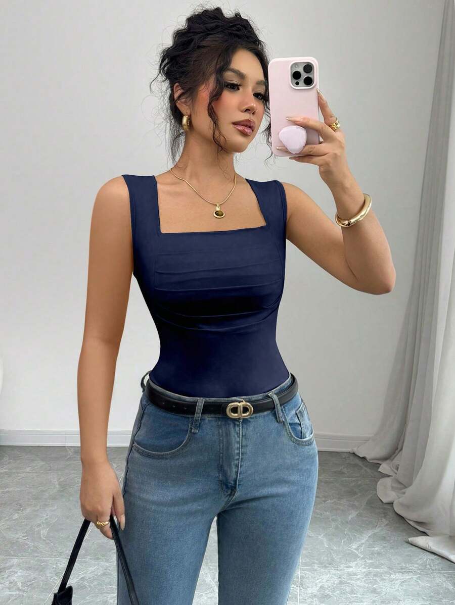 Selianne Áo ba lỗ cổ vuông không tay thanh lịch giản dị cho nữ - Màu xanh hải quân - Xem 1