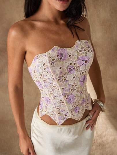 Glamine 女士花卉蕾丝抹胸修身时尚度假衬衫，女士夏季服装，抹胸，白色上衣，短款上衣，女士束腰上衣，露肩上衣