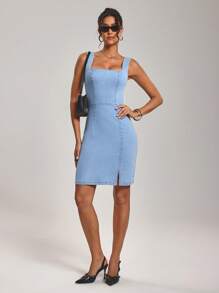 SHEIN Tall Váy denim cổ vuông kéo khóa sau cho nữ, không tay, xẻ gấu - Màu xanh lam - Xem 2