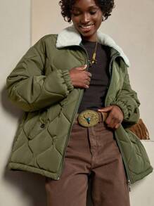 Bóhologie Woman Solid Color Woven Padded Insulated Winter Coat Jacket Contrast Fur Neck Regular Length Casual Winter Clothing - Army Green - View 1