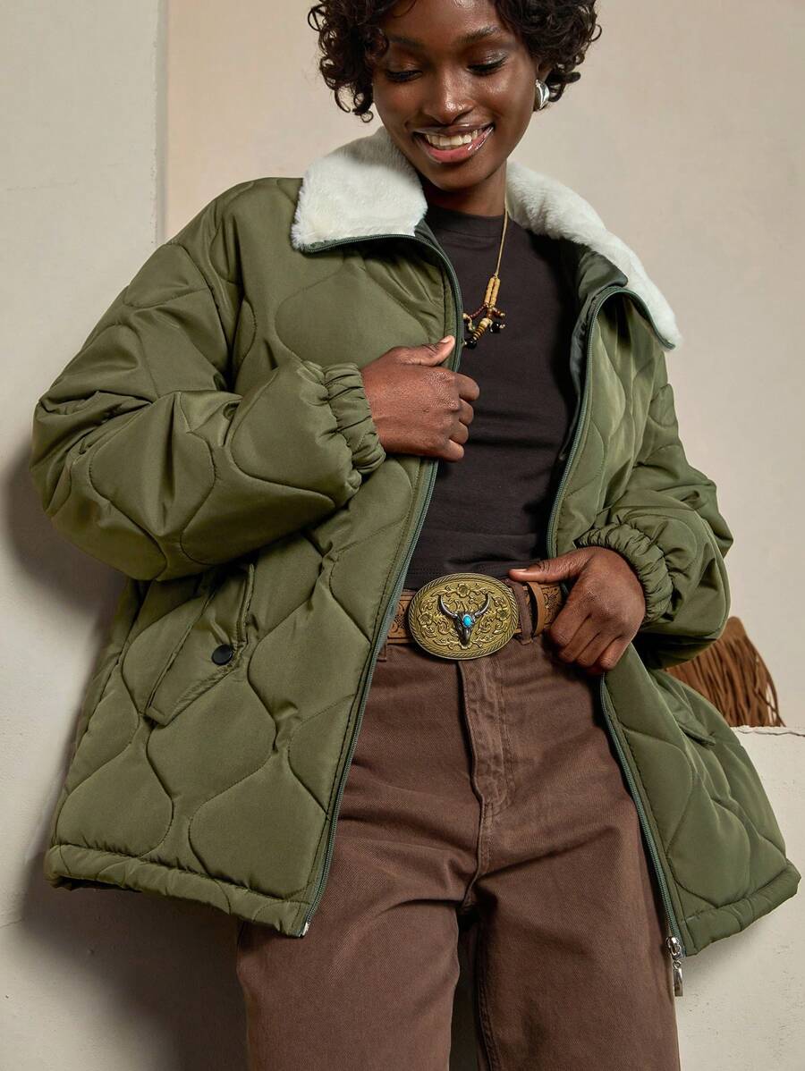 Bóhologie Woman Solid Color Woven Padded Insulated Winter Coat Jacket Contrast Fur Neck Regular Length Casual Winter Clothing - Army Green - View 1
