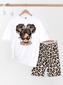 SHEIN 女式休闲创意豹纹蝴蝶结辫子图案印花 T 恤和骑行短裤套装，兄弟姐妹装搭配服装（2 套单独出售）
