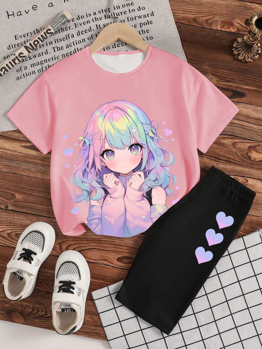SHEIN 2 件套少女动漫女孩印花圆领短袖可爱粉色 T 恤和心形印花针织黑色短裤套装,Y2K 风格 - 粉色 - 查看 1
