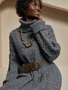 WOMEN CABLE KNIT OVERSIZED SWEATER – DARK GREY Sweater Dresses For Women Turtle Neck Dress Womens Fall Clothes Knit Dress Cable Knit Dress