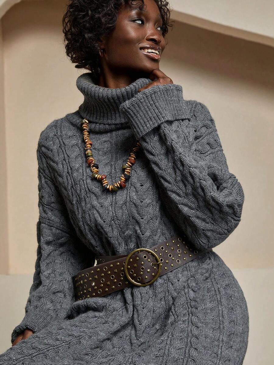 WOMEN CABLE KNIT OVERSIZED SWEATER – DARK GREY Sweater Dresses For Women Turtle Neck Dress Womens Fall Clothes Knit Dress Cable Knit Dress