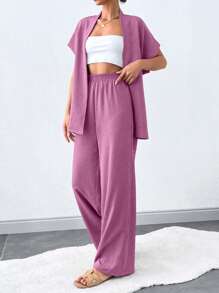 SHEIN Tall Women Solid Batwing Sleeve Belted Top & Wide Leg Pants Set - Dusty Pink - View 3