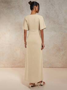 COSMINA Women's Solid Color V-Neck Short Sleeve Waist Fitted Long Dress, Summer,Business Casual Woman