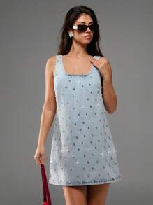 Avantive 全新夏季圆领无袖A字形水钻装饰女式牛仔迷你连衣裙 - 淺色水洗藍 - 查看 6