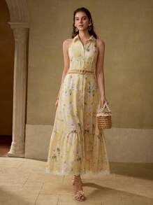 MOTF PREMIUM Women Sleeveless Ruffle Hem Long Floral Print Dress - Apricot - View 2