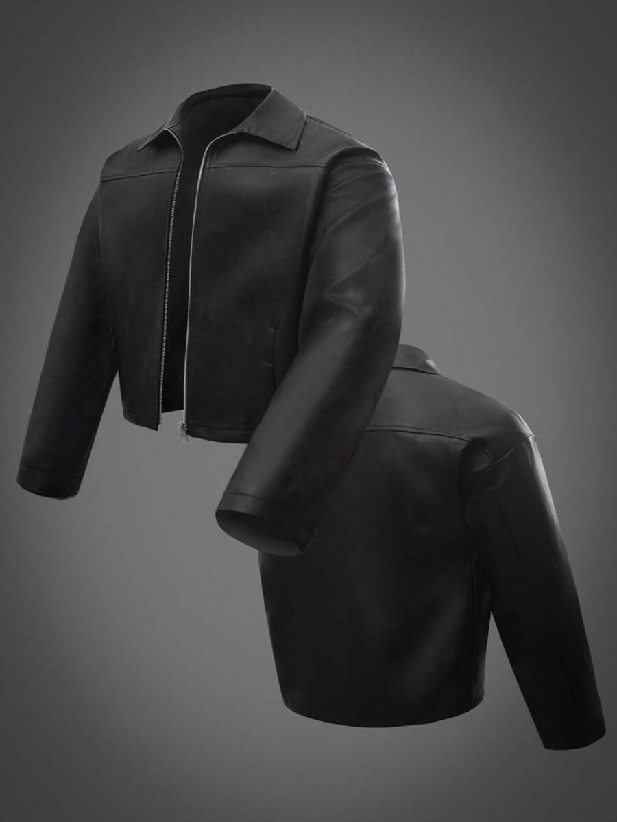 Manfinity LEGND 男士短款长袖拉链皮夹克 男士皮夹克 男士皮革摩托车夹克 男士皮夹克 男士黑色夹克 短款夹克 男士短款夹克 男士黑色拉链夹克 拉链皮夹克 黑色皮夹克 男士短款夹克 男士短款夹克 短款皮夹克 机能夹克，秋冬 - 黑色 - 查看 1