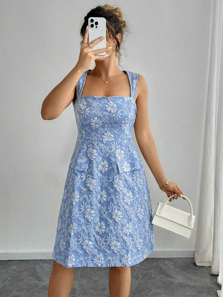 Elenzga Plus Size Women Summer Vacation Style Jacquard Square Neck Hollow Back Waisted Dress - Blue - View 1