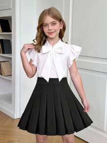 SHEIN Tween 女童纯色编织衬衫，带褶边、蝴蝶结装饰，休闲优雅，适合法式度假风格、衬衫、返校 - 米色 - 查看 3