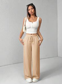 SHEIN PETITE 女款三件套纹理阔腿裤 黑色+白色+绿色 - 彩色 - 查看 6