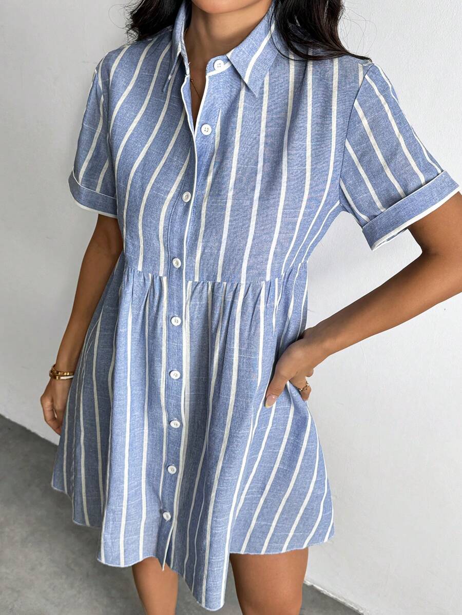 SHEIN PETITE Striped Short Sleeve Summer Dress, Fashionable - Blue and White - View 1