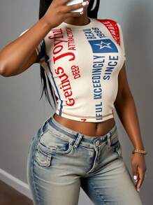 Slaydiva 2025 春夏新款休闲街头风格女式字母印花短款罗纹针织短袖 T 恤，适合音乐节、复活节、西部、游牧、生日、毕业典礼、学生、户外、多功能、度假、巡航、海滩