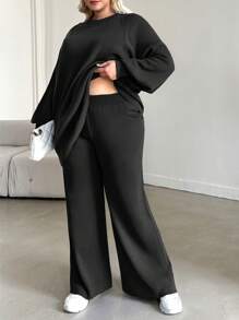 EURMUSE Plus Size Sweatshirt Set, Solid Color Long Sleeve Sweatshirt & Pants, Fashionable For Summer - Black - View 3