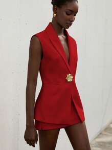 Aveloria Modichic Notched Collar Shoulder Pad Long Waistcoat Jacket With Fake Pockets, Slim Fit - Red - View 5