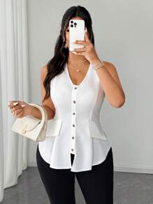 Elenzga Áo len cardigan cổ chữ V thời trang thanh lịch hàng ngày cho nữ cỡ lớn 2025, áo sơ mi không tay có túi trước, xuân/hè - trắng - Xem 1