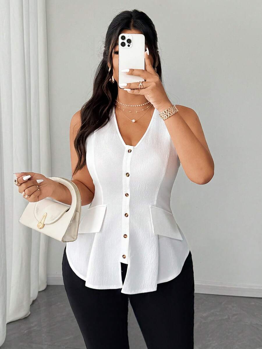 Elenzga Áo len cardigan cổ chữ V thời trang thanh lịch hàng ngày cho nữ cỡ lớn 2025, áo sơ mi không tay có túi trước, xuân/hè - trắng - Xem 1