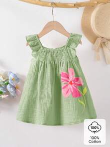 SHEIN Playful Pals Baby Girl Clothes Baby Girls Dresses Summer Casual Cute Pink Floral Puff Sleeve Ruffle Hem White Woven Dress Summer